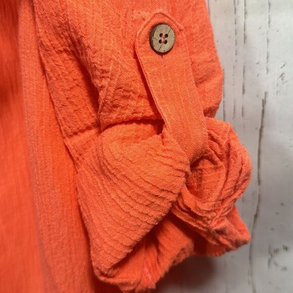 Soft Surroundings Gauze Artisan Roll Tab Sleeve Orange Boho Button Detail Blouse - Picture 13 of 16